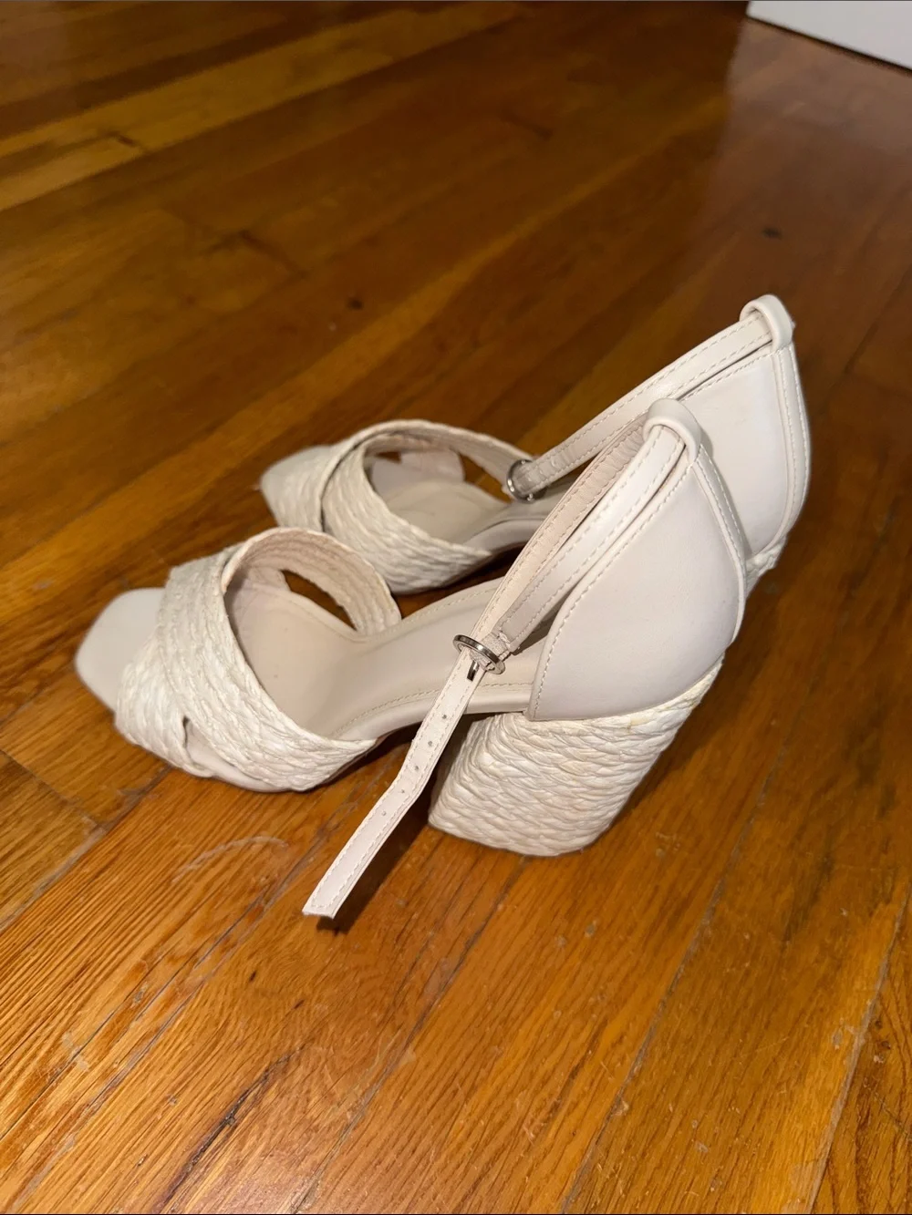Qupid Cream Braided Wedge Sandals with Ankle Strap